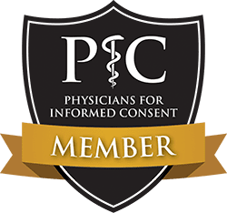 A black and gold badge with the word " physicians for informed consent " on it.