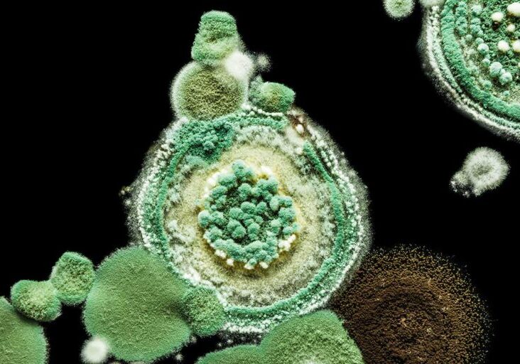 green-yellow-round-fungal-mold-on-a-heterogeneous-black-surface