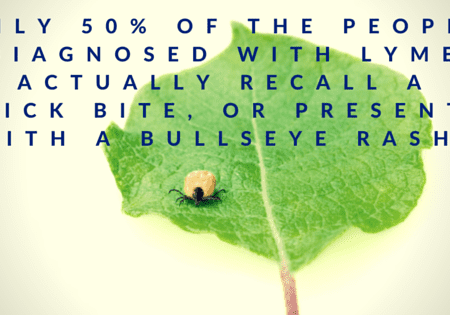 A leaf with a bug on it and the text " 5 0 % of the people diagnosed with lyme disease, actually recalled bite or press a